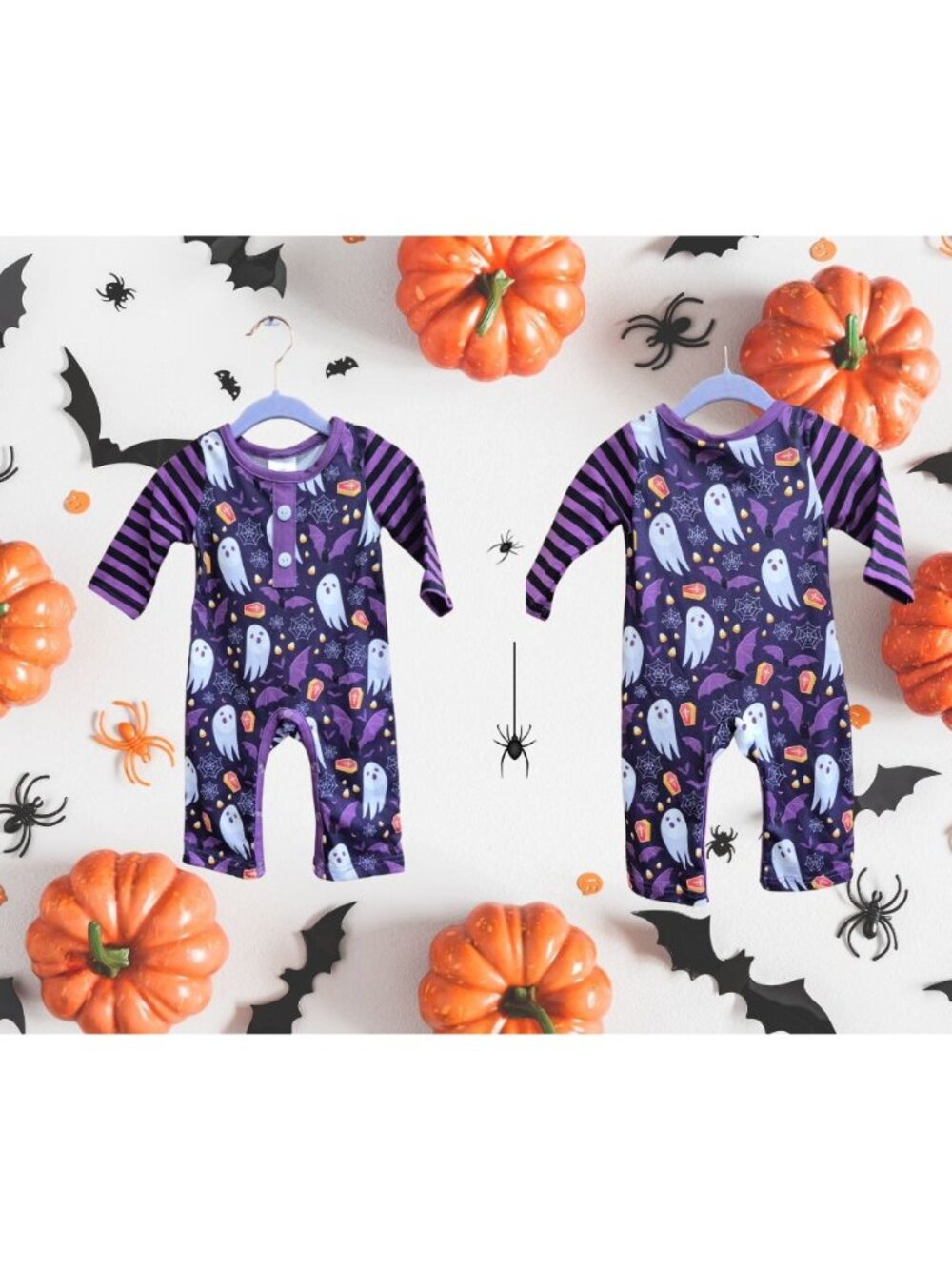 Halloween Baby Romper 6M Purple Ghost & Candy Print With Striped Sleeves Cotton/